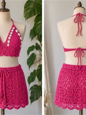 Hot pink crochet top and skirt with sea shells